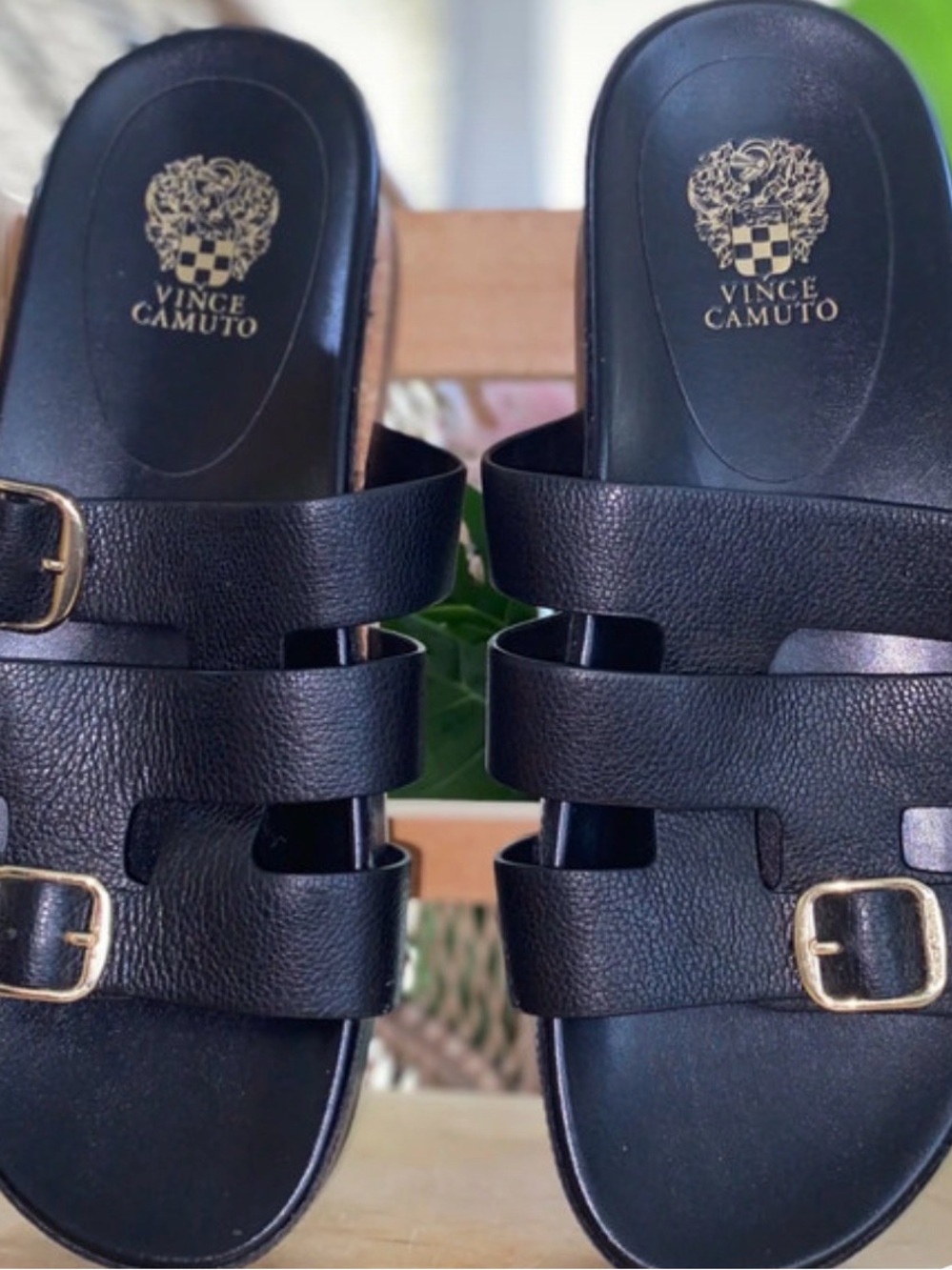 Vince Camuto Black Double-Strap Slide Sandals with Gold Buckles